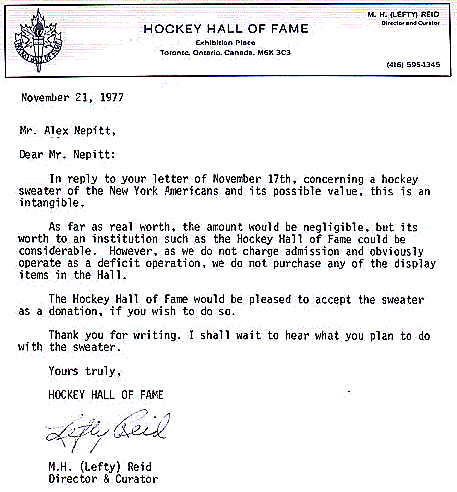 Hockey Hall of Fame Letter